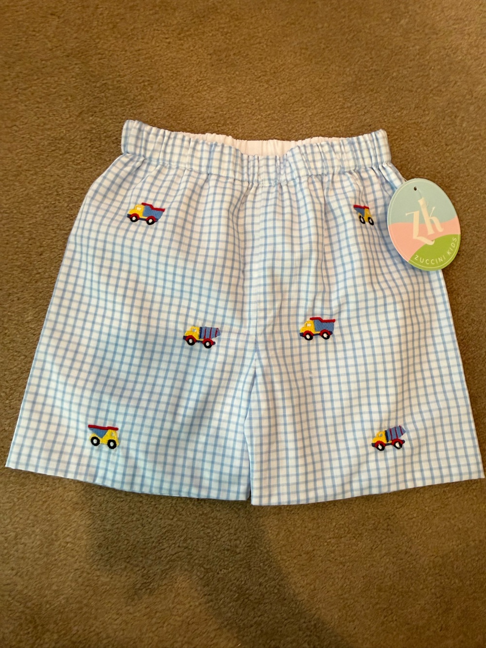 Zuccini Kids Light Blue Check Shorts with Embroidered Trucks-NWT